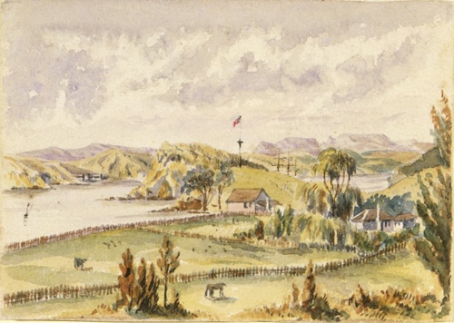 Williams House Paihia - water colour painting by Thomas Hutton showing Horotutu in 1859